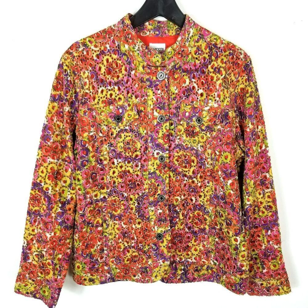 Chico's Women Circle Eyelet Lacite Light Jacket Size L Orange Button Up Lined